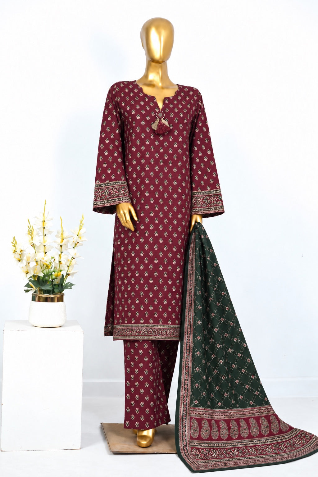 Red Bin Saeed stitched 3-piece printed khaddar suit with shirt, trouser and dupatta