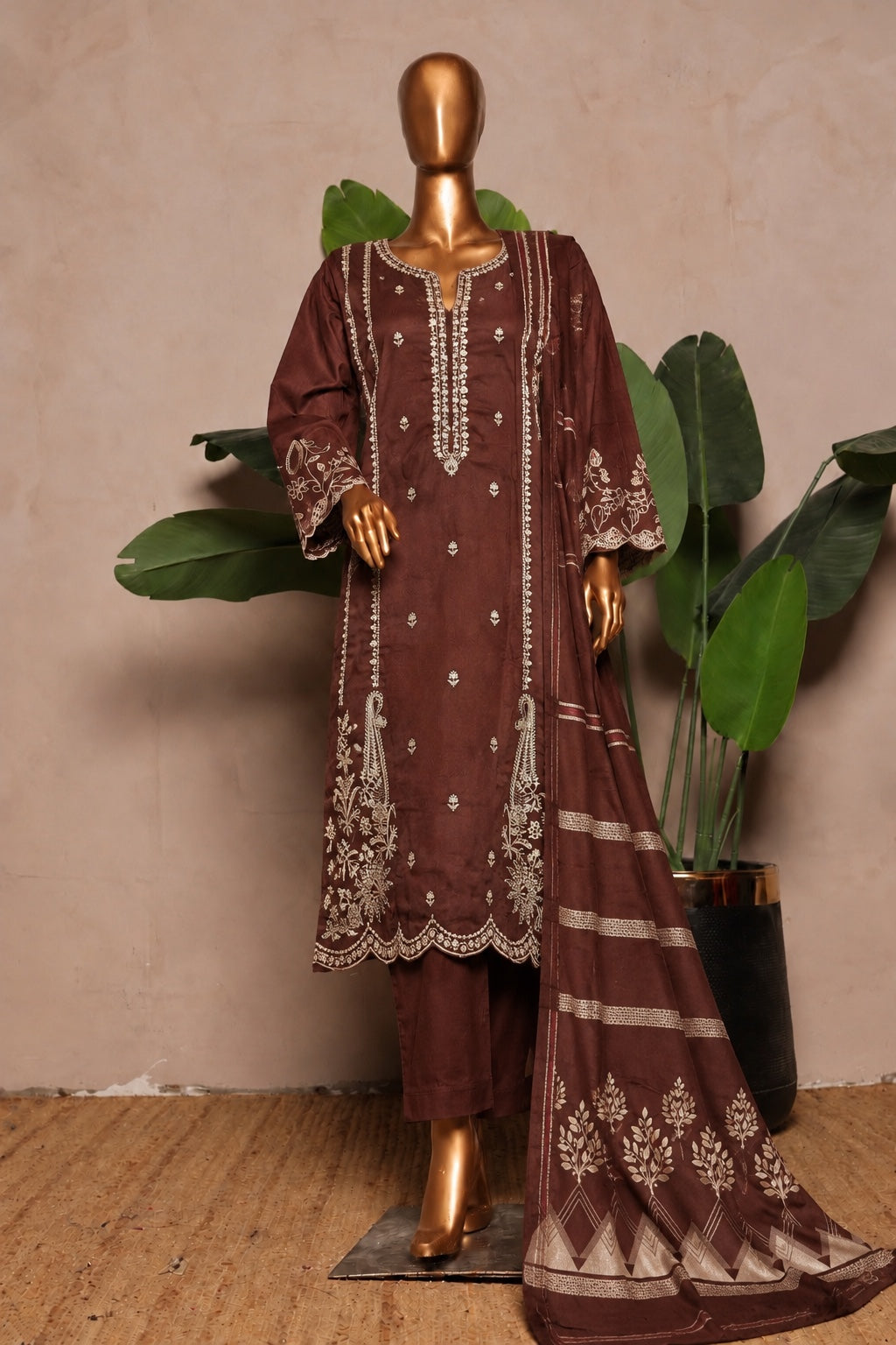 BIN SAEED embroidered Marina 3-piece suit with shawl in Chocolate Brown