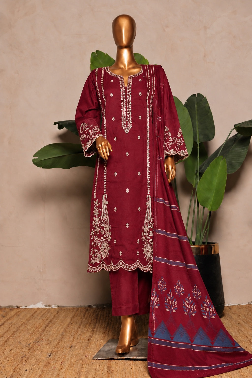 BIN SAEED embroidered Marina 3-piece suit with shawl in Maroon