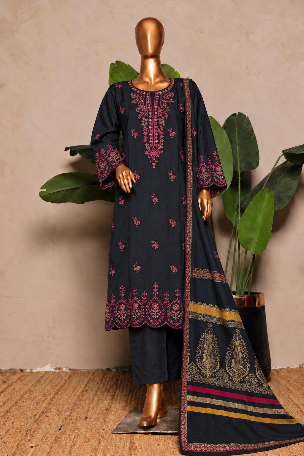 BIN SAEED embroidered Marina 3-piece suit with shawl in Black with Pink Embroidery