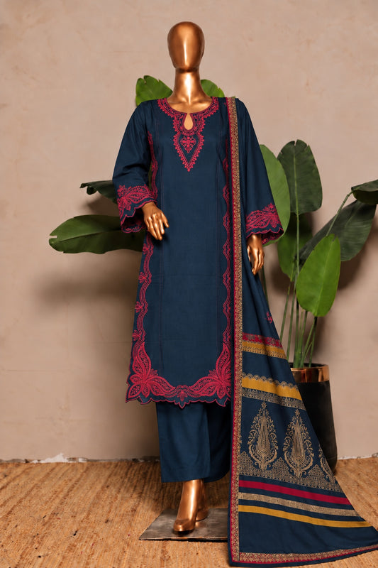 BIN SAEED embroidered Marina 3-piece suit with shawl in Navy Blue with Pink Embroidery