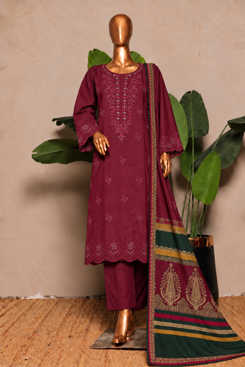 BIN SAEED embroidered Marina 3-piece suit with shawl in Plum Magenta