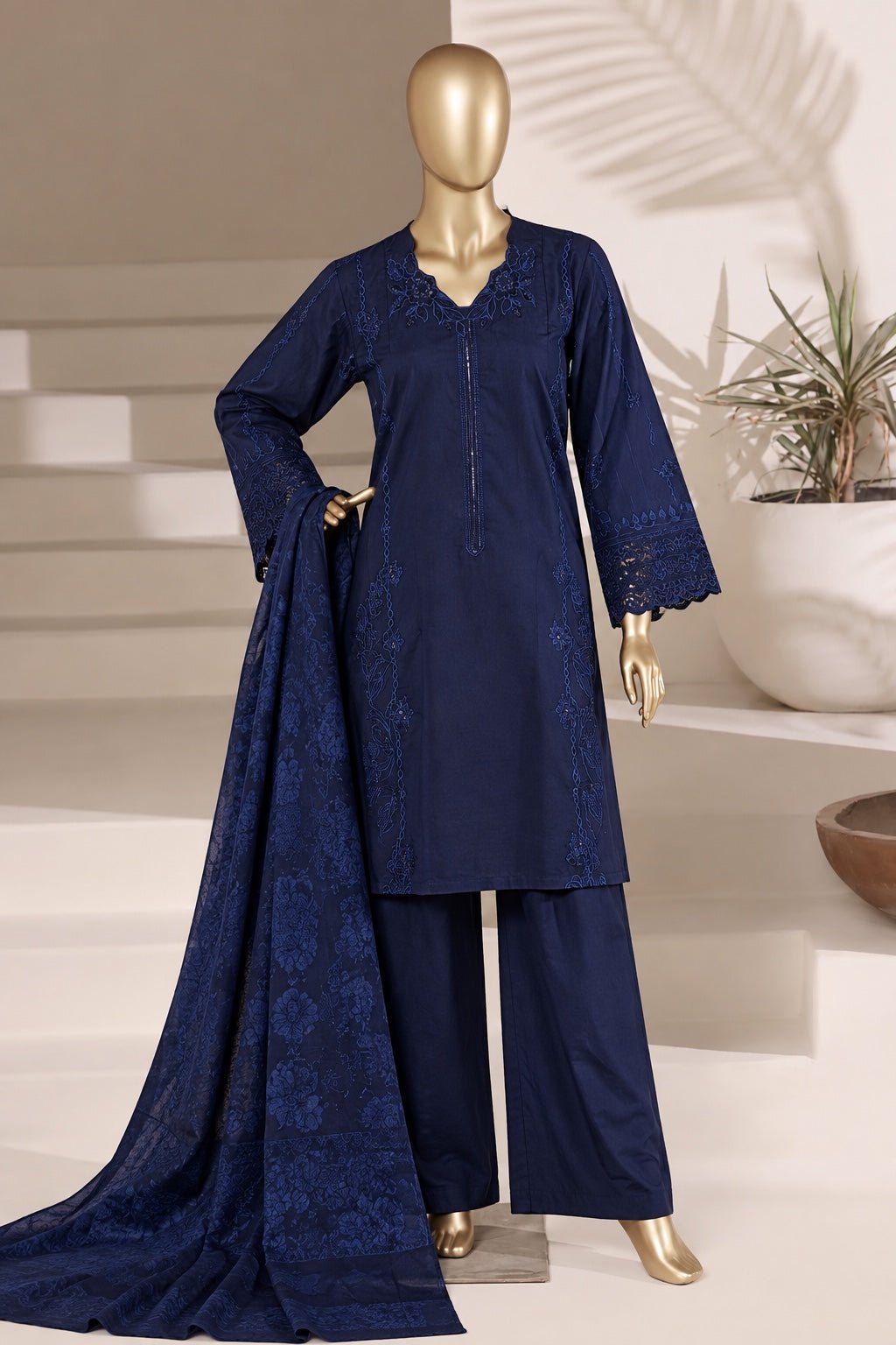 BIN SAEED | Stitched 3Pc Embroidered Marina With Shawl — Navy Blue | Premium Winter Collection - BarerahFabrics