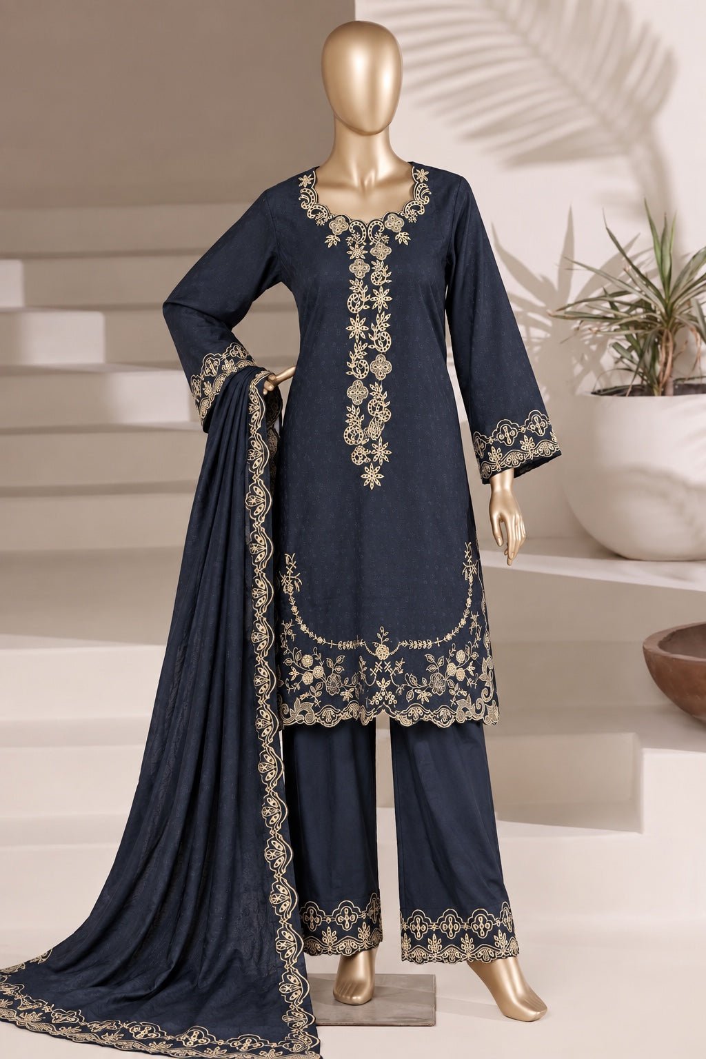 BIN SAEED | Stitched 3Pc Embroidered Marina With Shawl — Navy Blue | Premium Winter Collection - BarerahFabrics