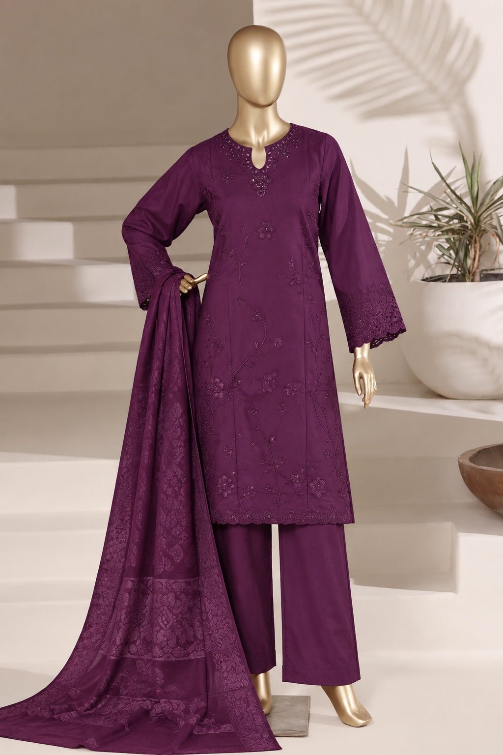 BIN SAEED | Stitched 3Pc Embroidered Marina With Shawl — Plum | Premium Winter Collection - BarerahFabrics
