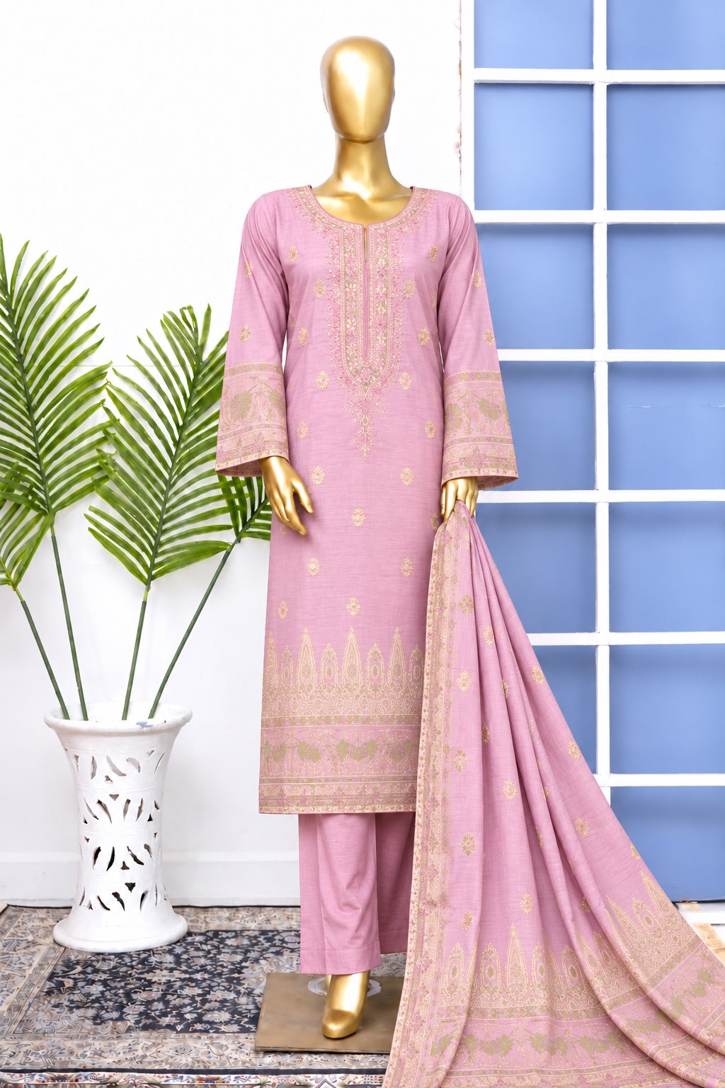 Bin Saeed stitched embroidered 3-piece winter jacquard cotton suit in Dusty Pink