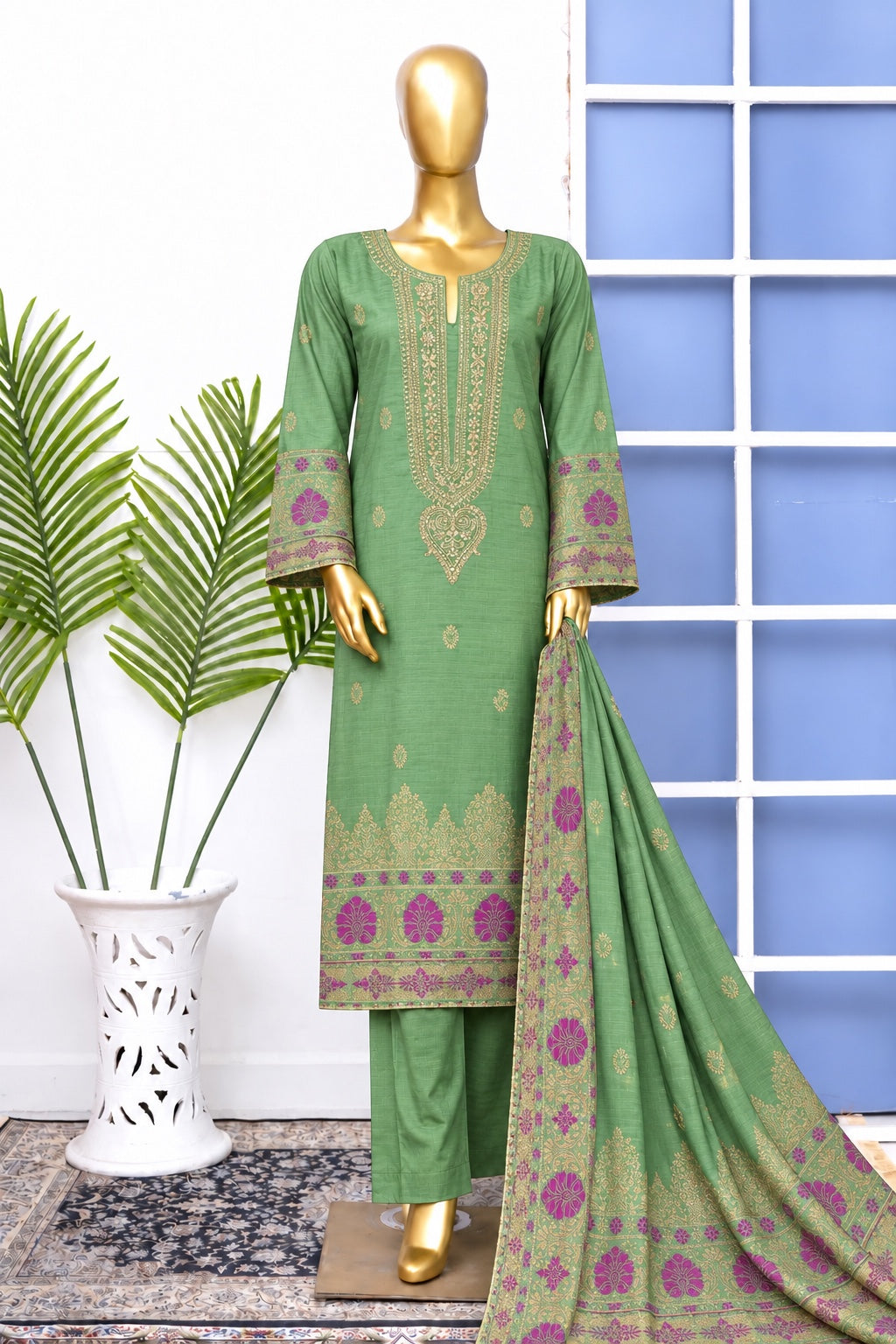 Bin Saeed stitched embroidered 3-piece winter jacquard cotton suit in Sage Green