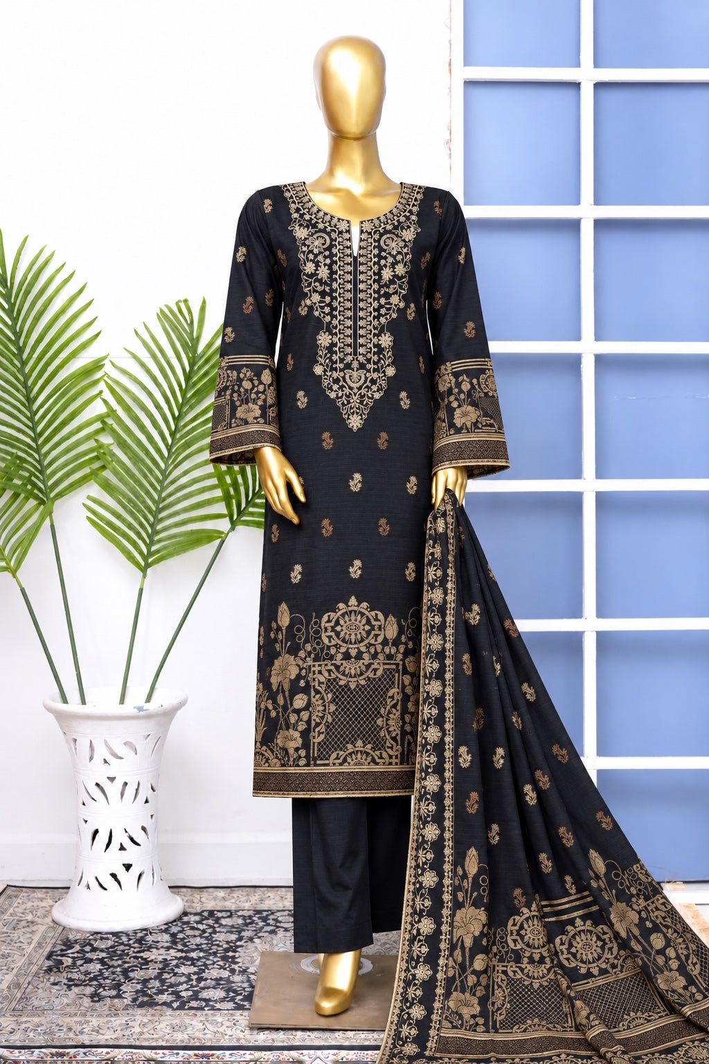 Bin Saeed stitched embroidered 3-piece winter jacquard cotton suit in Black