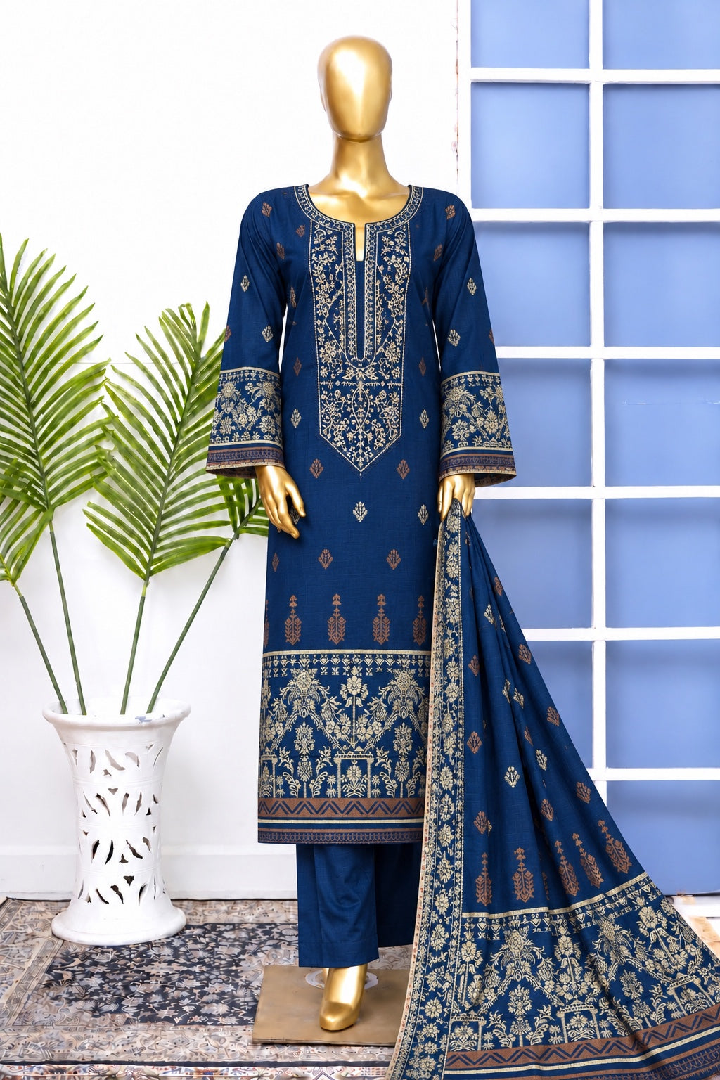 Bin Saeed stitched embroidered 3-piece winter jacquard cotton suit in Royal Blue