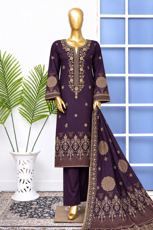Bin Saeed stitched embroidered 3-piece winter jacquard cotton suit in Deep Plum