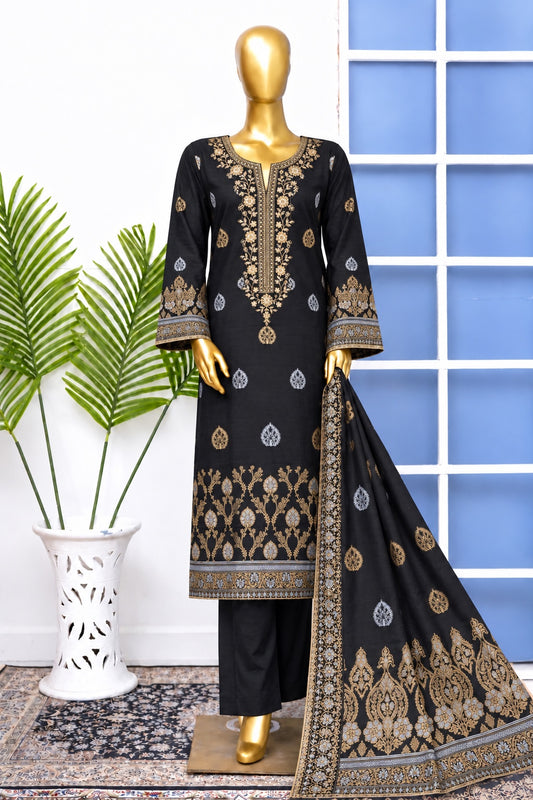 Bin Saeed stitched embroidered 3-piece winter jacquard cotton suit in Black & Gold