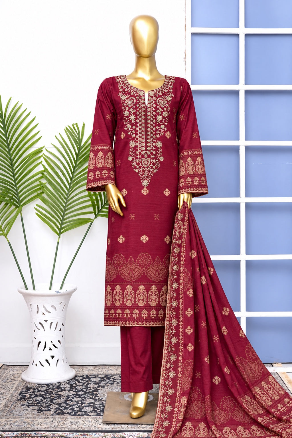 Bin Saeed stitched embroidered 3-piece winter jacquard cotton suit in Maroon