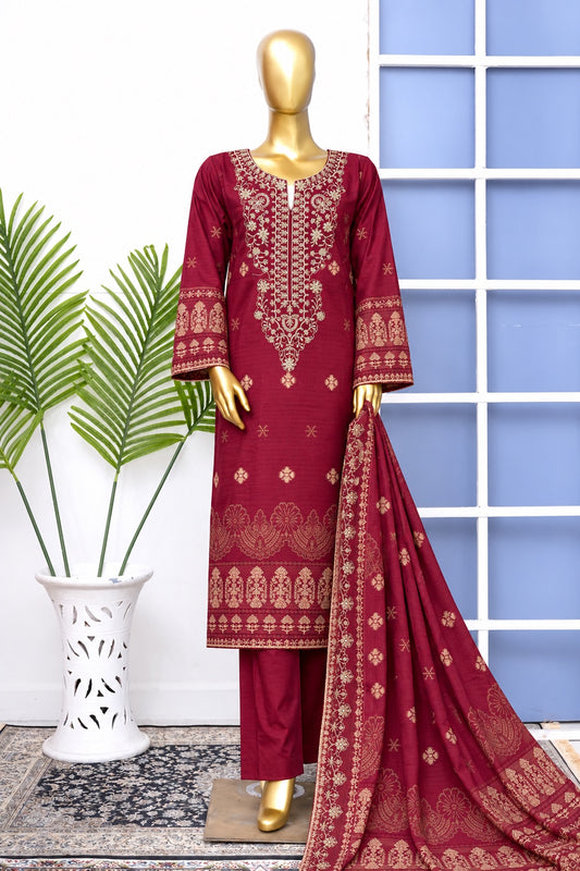 Bin Saeed stitched embroidered 3-piece winter jacquard cotton suit in Maroon