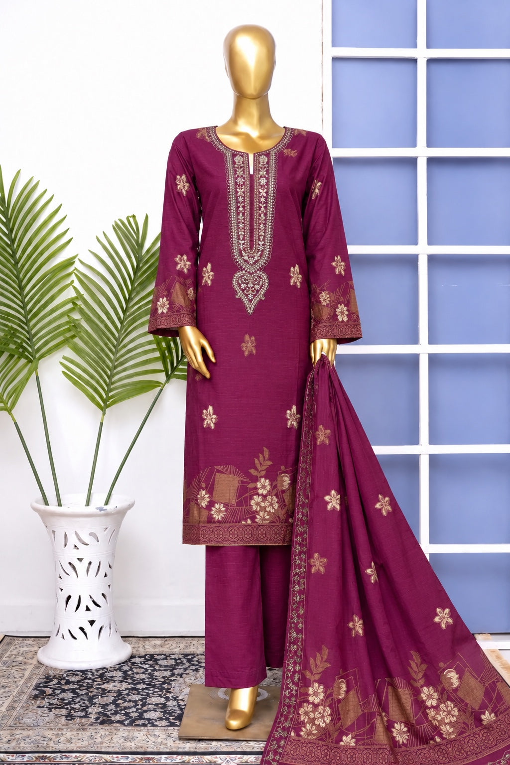Bin Saeed stitched embroidered 3-piece winter jacquard cotton suit in Rani Pink