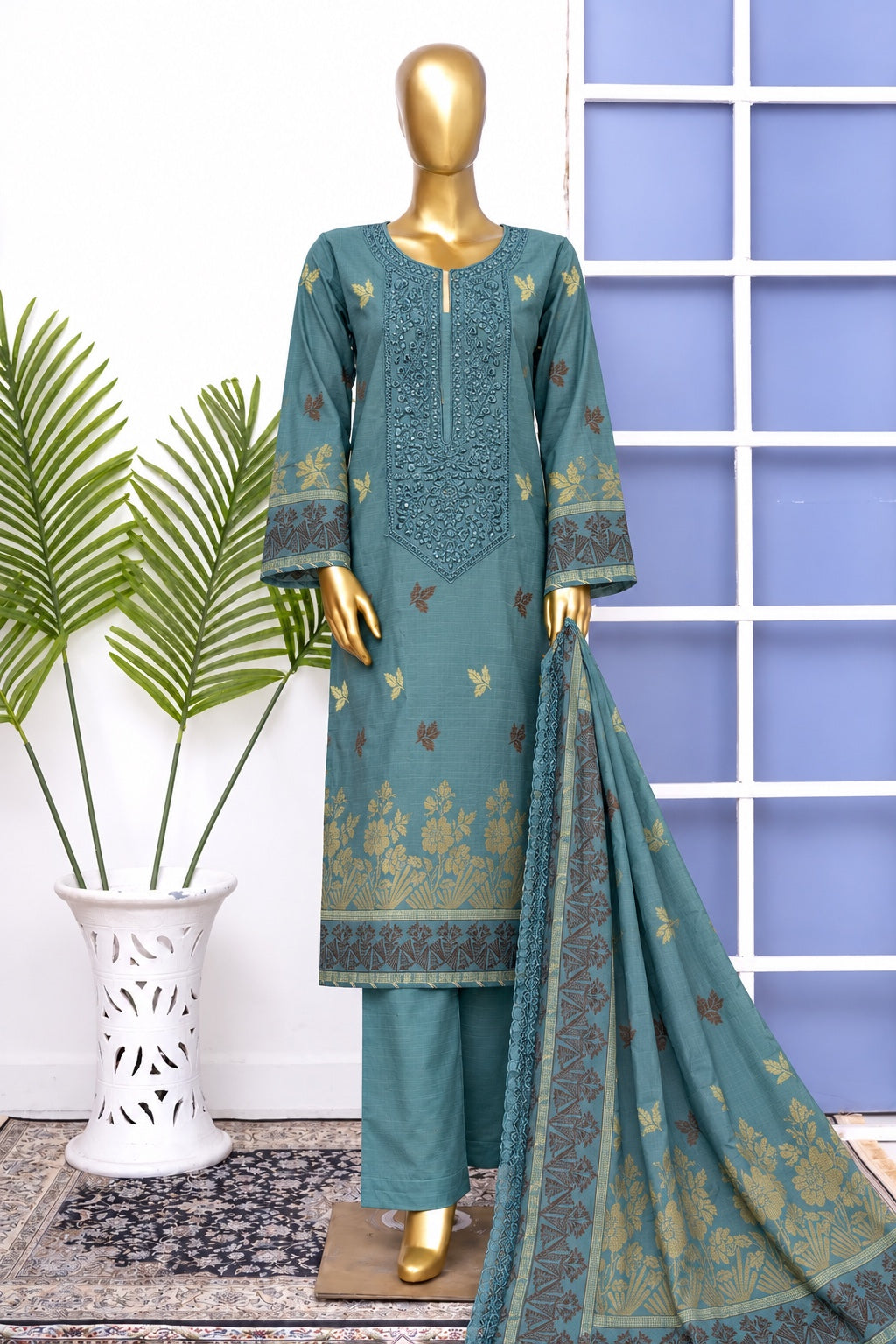 Bin Saeed stitched embroidered 3-piece winter jacquard cotton suit in Teal Blue