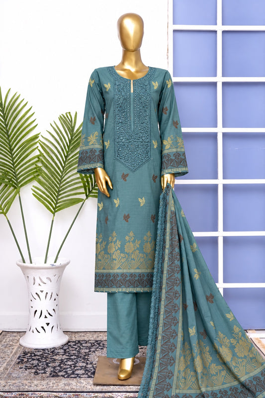 Bin Saeed stitched embroidered 3-piece winter jacquard cotton suit in Teal Blue