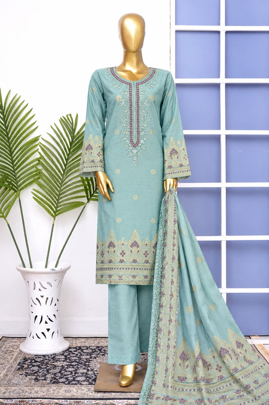 Bin Saeed stitched embroidered 3-piece winter jacquard cotton suit in Aqua Mint