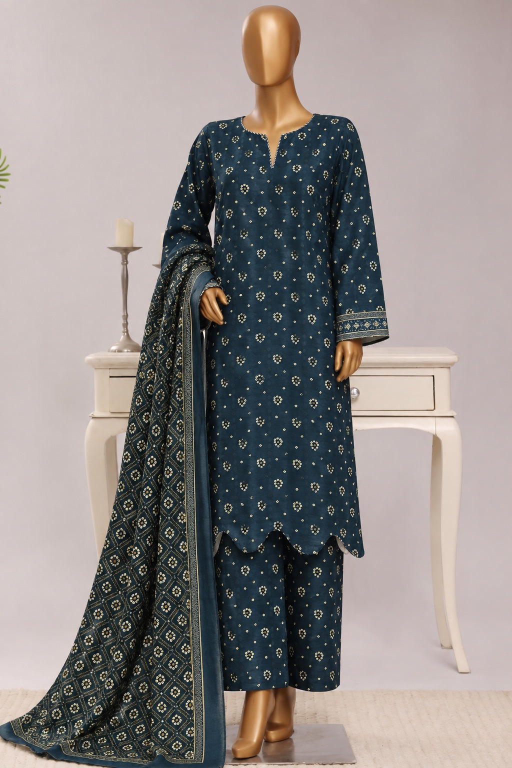 Bin Saeed Stitched 3PC Printed Khaddar Collection- Premium Winter Collection - Teal Blue