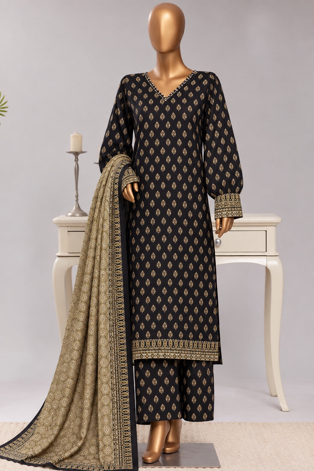 Bin Saeed Stitched 3PC Printed Khaddar Collection- Premium Winter Collection - Black & Gold
