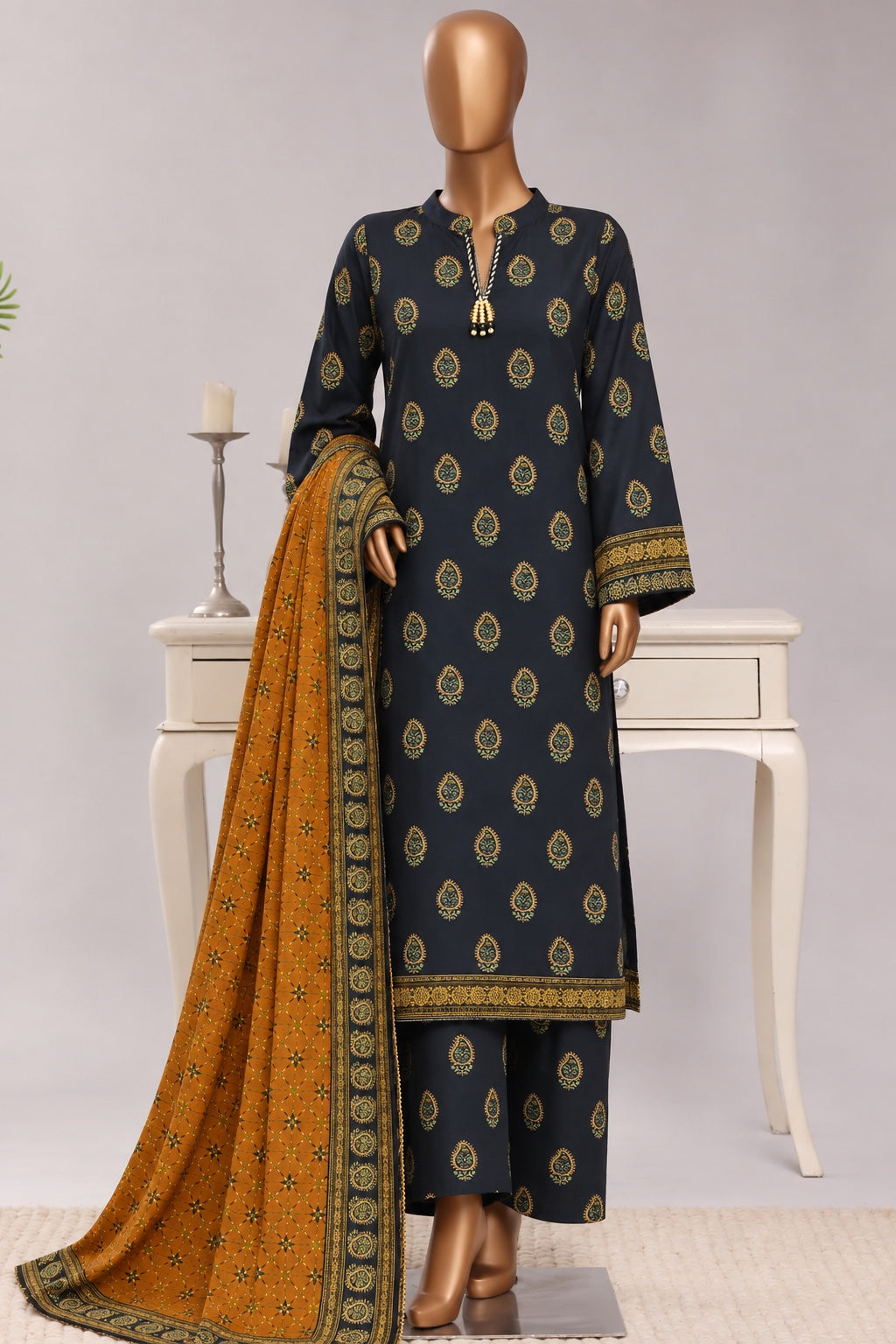 Bin Saeed Stitched 3PC Printed Khaddar Collection- Premium Winter Collection - Navy & Mustard