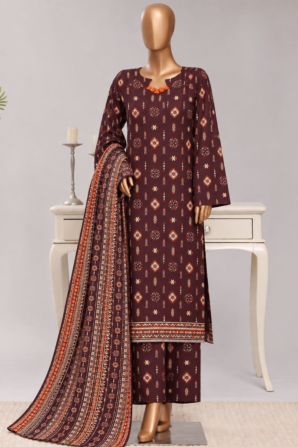 Bin Saeed Stitched 3PC Printed Khaddar Collection- Premium Winter Collection - Maroon