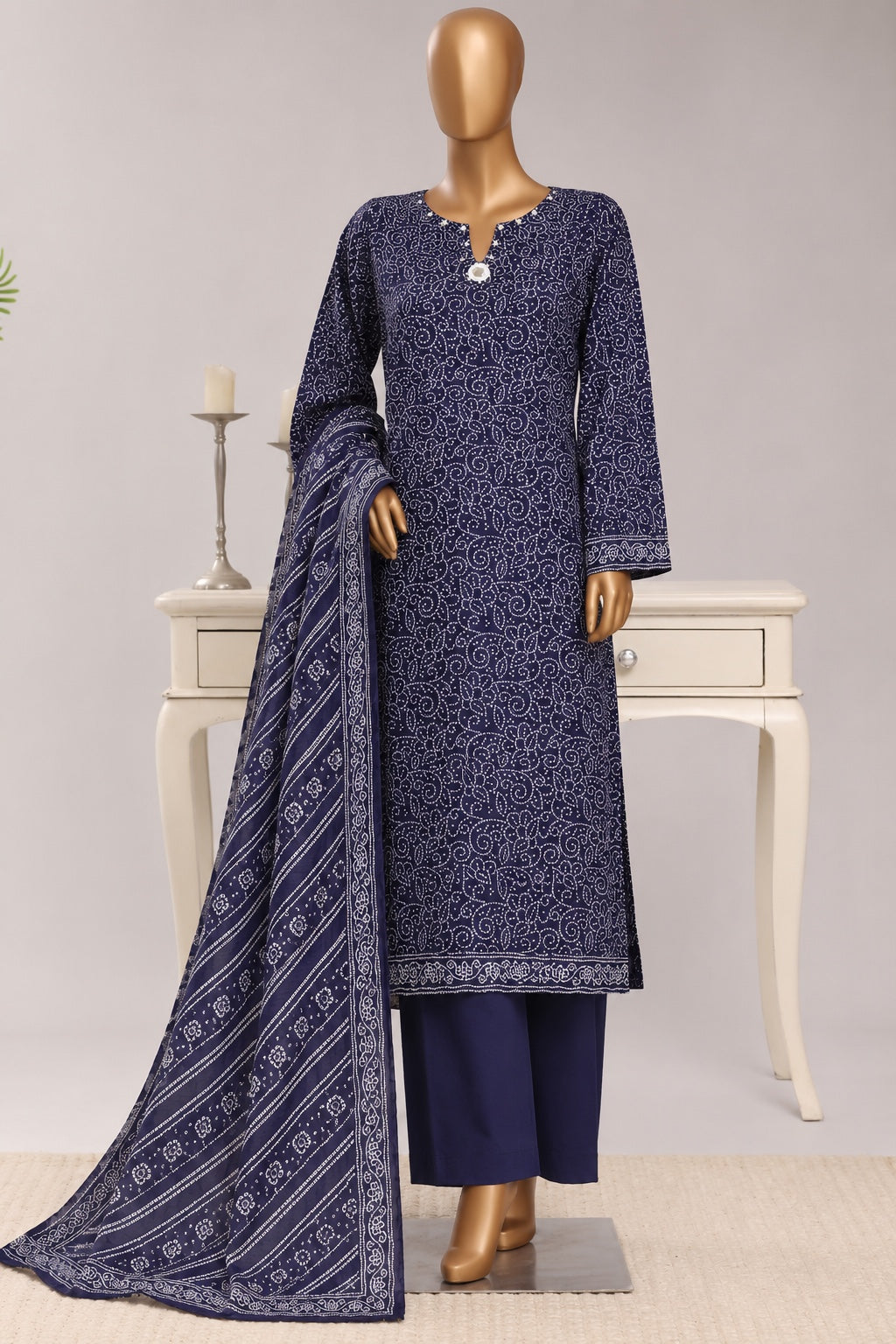 Bin Saeed Stitched 3PC Printed Khaddar Collection- Premium Winter Collection - Navy Blue