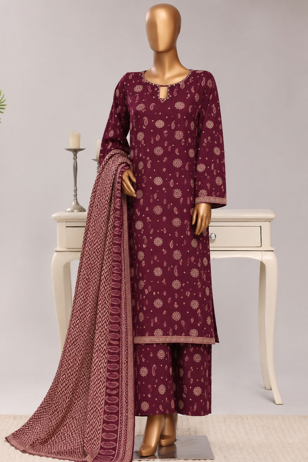 Bin Saeed Stitched 3PC Printed Khaddar Collection- Premium Winter Collection - Burgundy