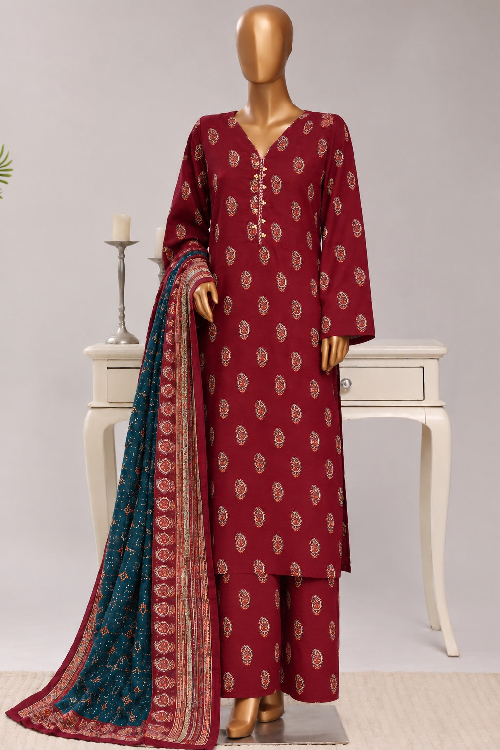 Bin Saeed Stitched 3PC Printed Khaddar Collection- Premium Winter Collection - Red & Teal