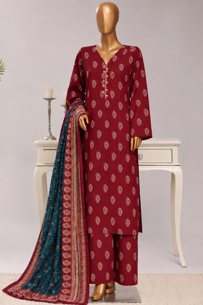 Bin Saeed Stitched 3PC Printed Khaddar Collection- Premium Winter Collection - Red & Teal