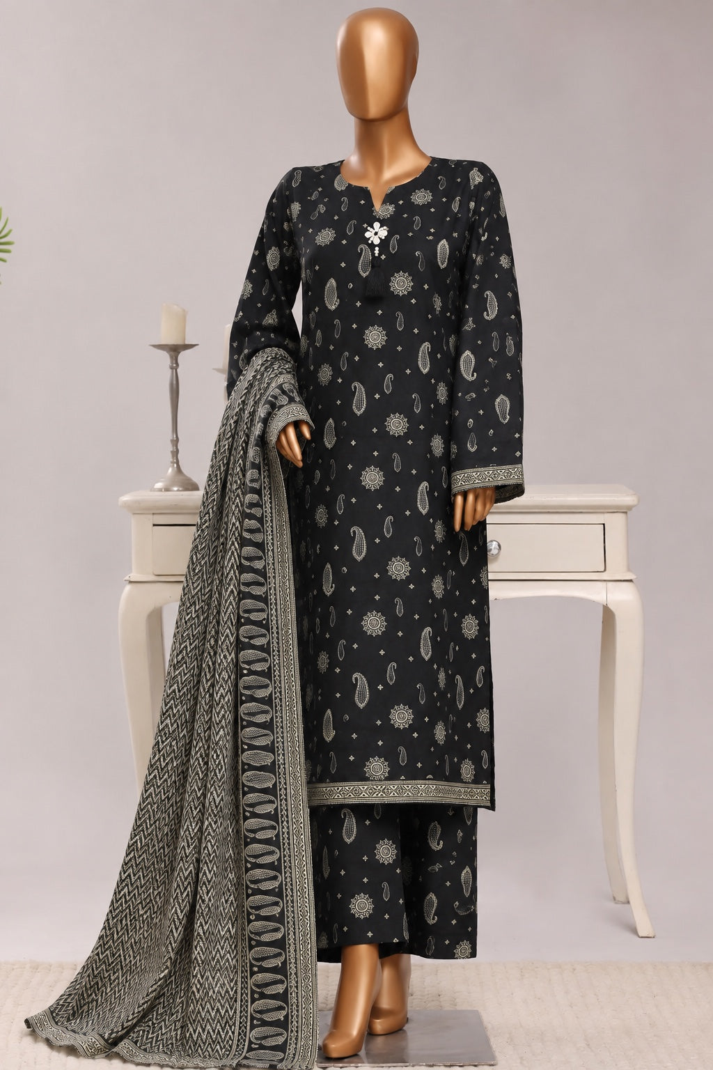 Bin Saeed Stitched 3PC Printed Khaddar Collection- Premium Winter Collection - Black & White