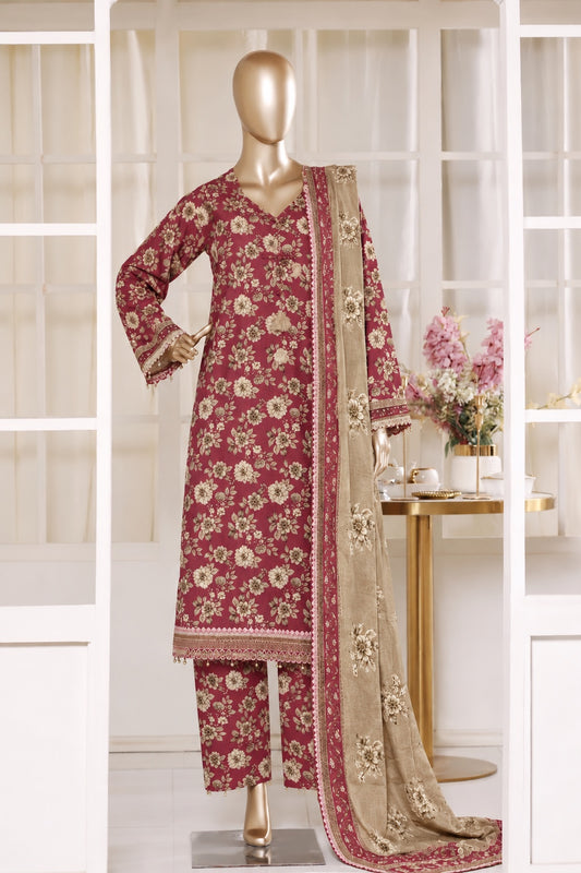 BIN SAEED stitched 3-piece printed Khaddar suit — Maroon Floral