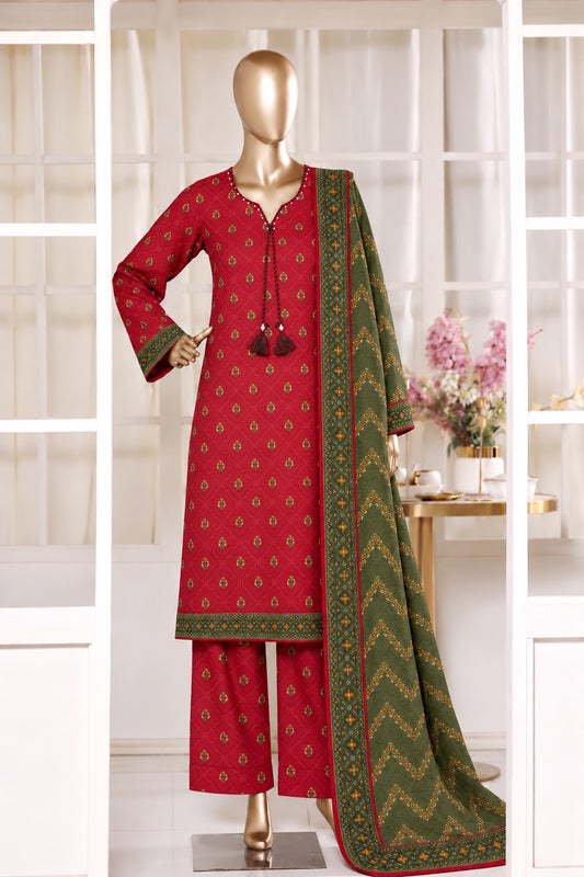 BIN SAEED stitched 3-piece printed Khaddar suit — Red with Green Dupatta
