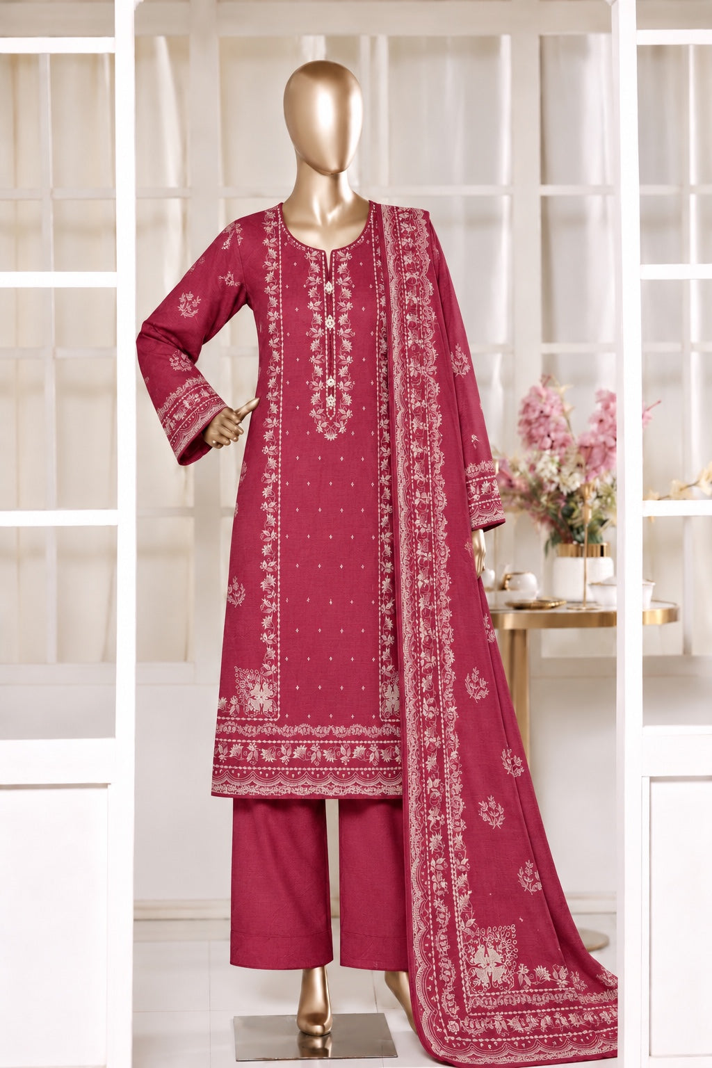BIN SAEED stitched 3-piece printed Khaddar suit — Rose Pink