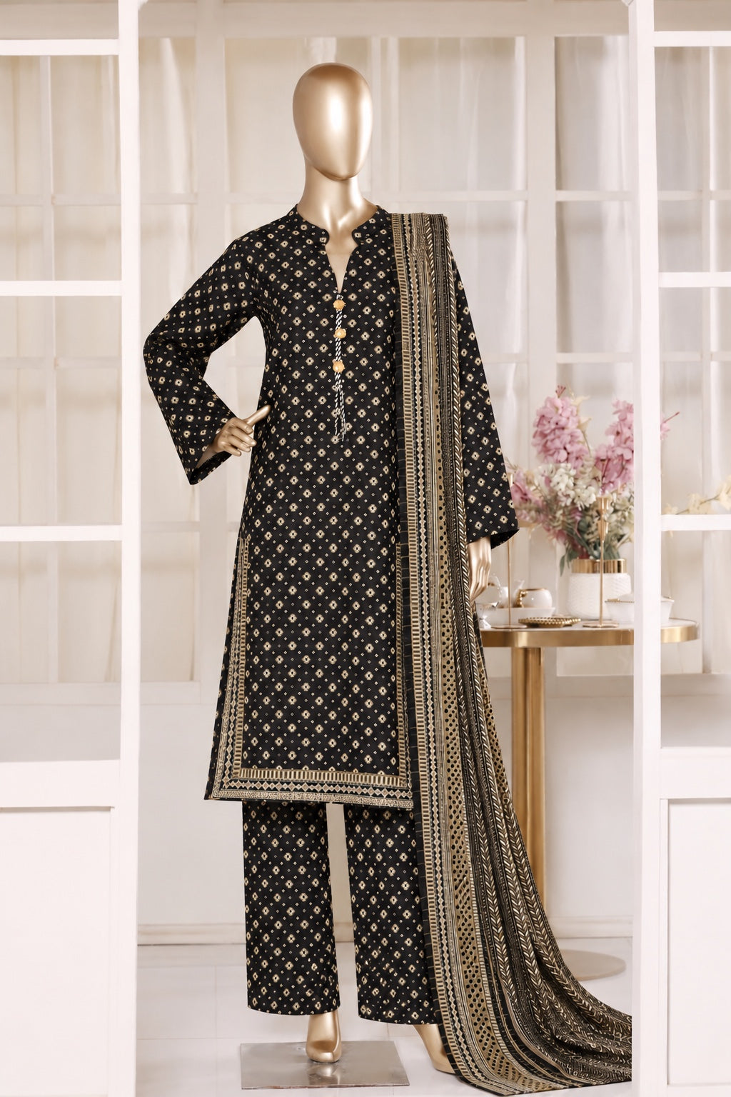 BIN SAEED stitched 3-piece printed Khaddar suit — Black