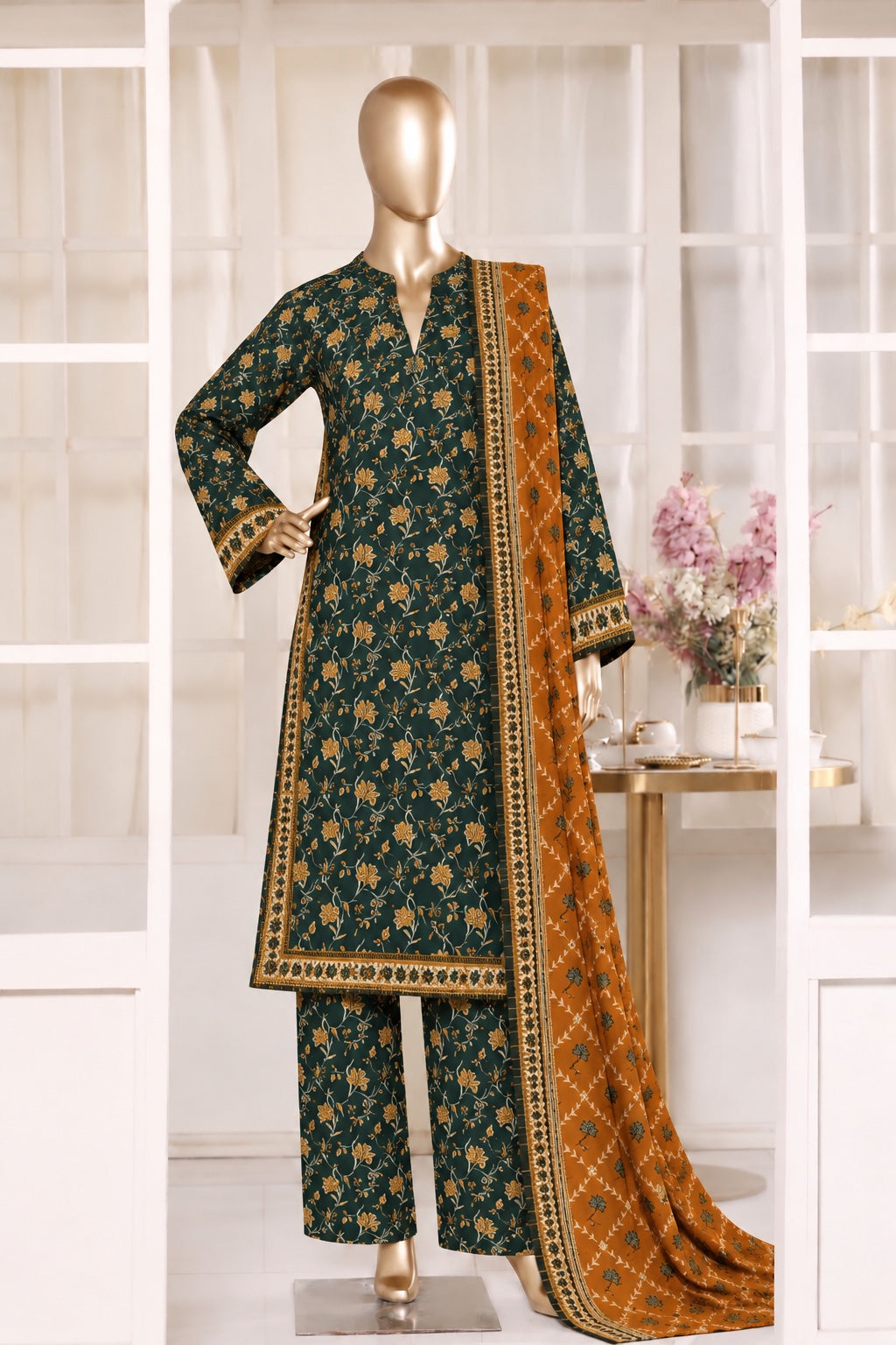 BIN SAEED stitched 3-piece printed Khaddar suit — Teal Green with Rust Dupatta