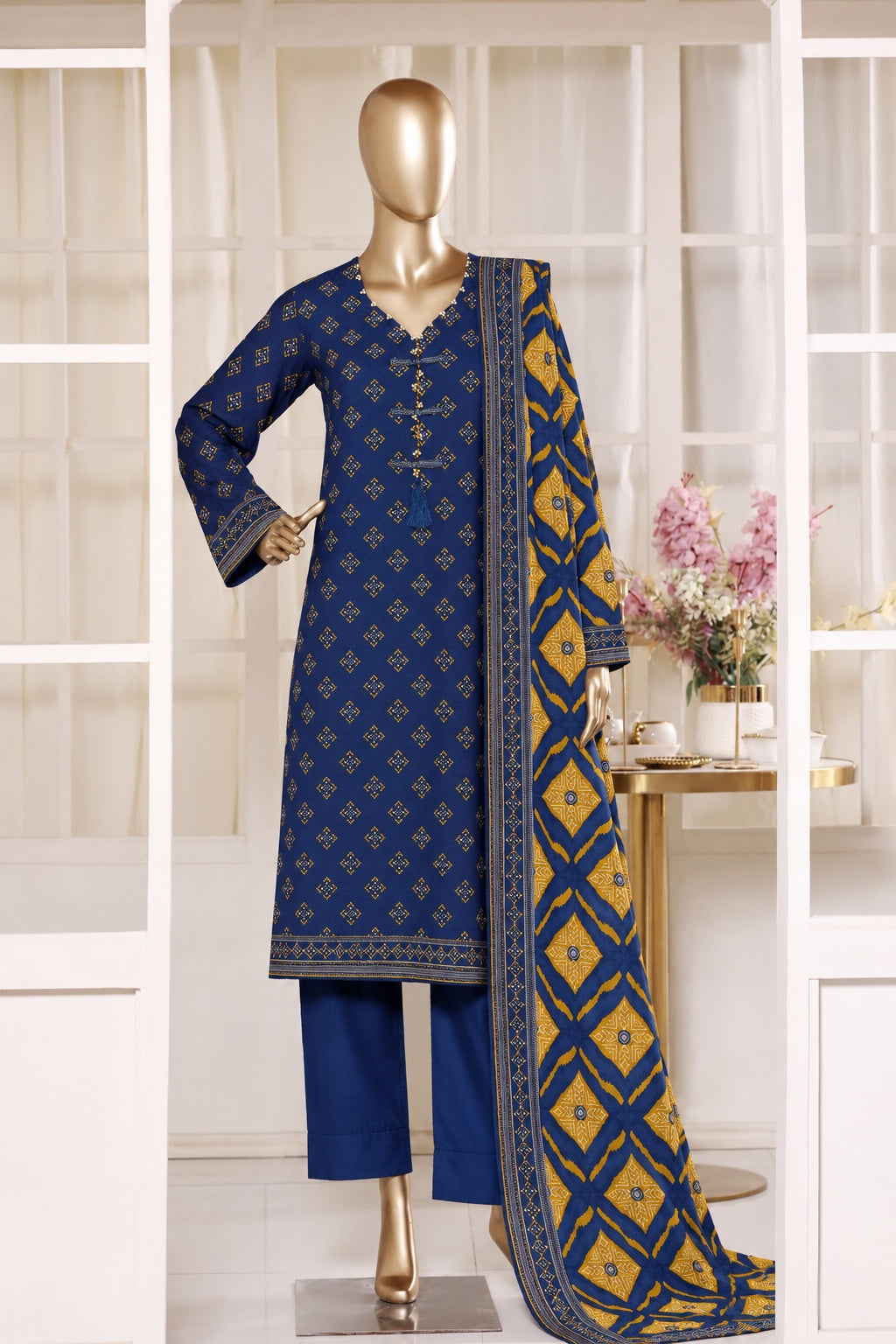 BIN SAEED stitched 3-piece printed Khaddar suit — Royal Blue with Mustard Dupatta