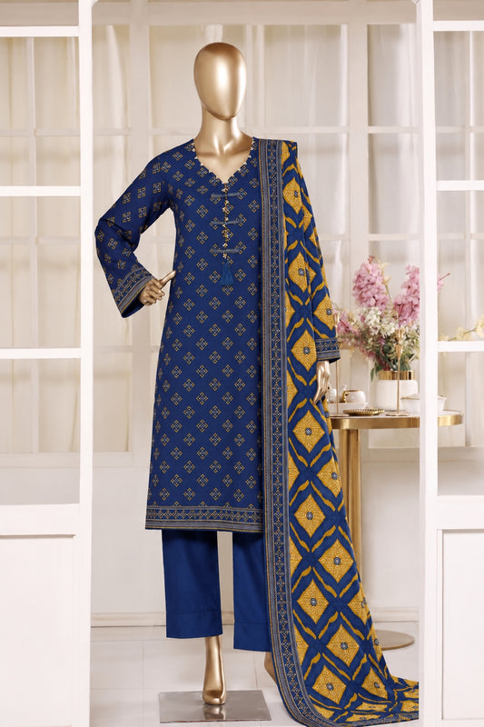 BIN SAEED stitched 3-piece printed Khaddar suit — Royal Blue with Mustard Dupatta