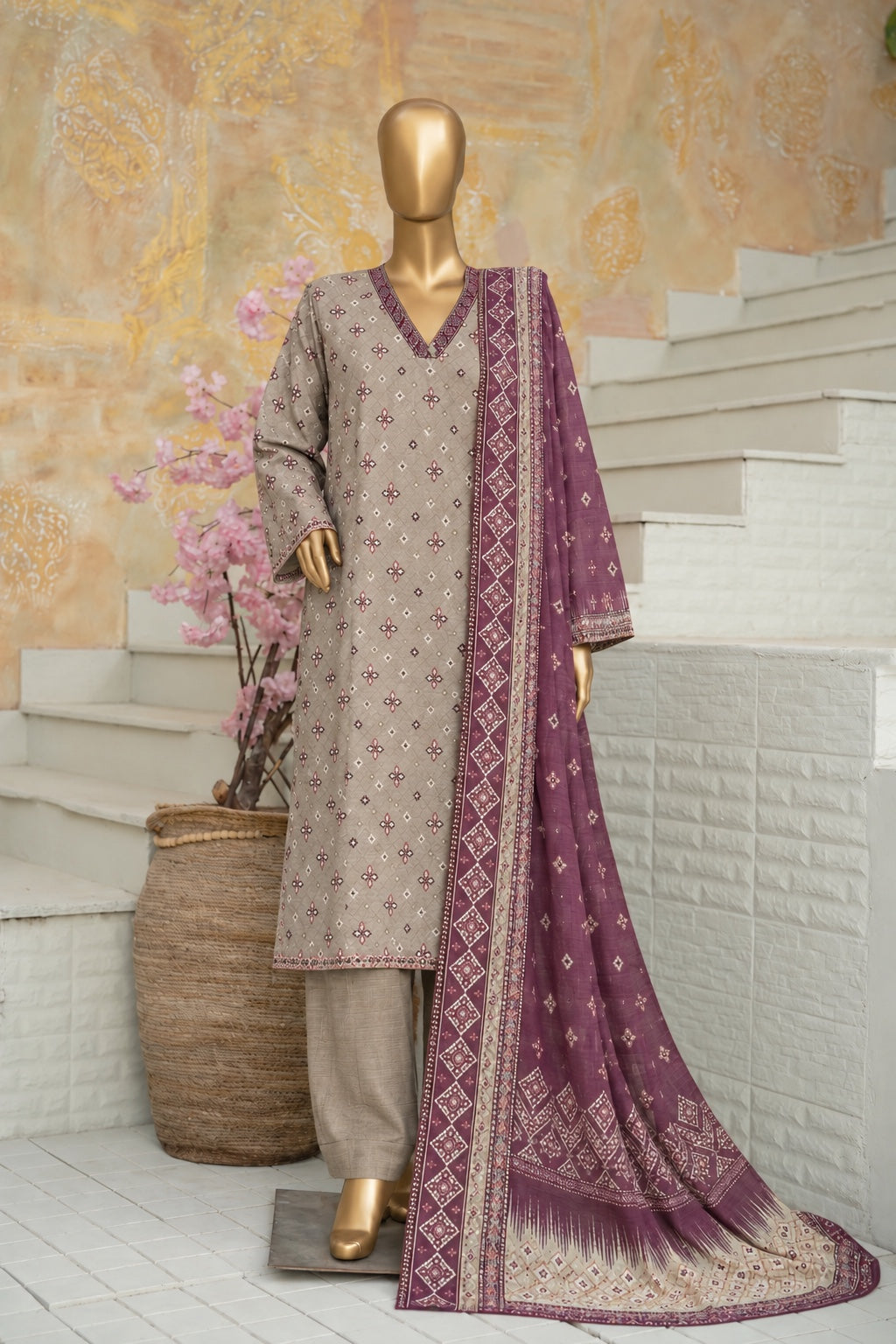 Bin Saeed stitched 3-piece printed khaddar suit in taupe and plum mauve