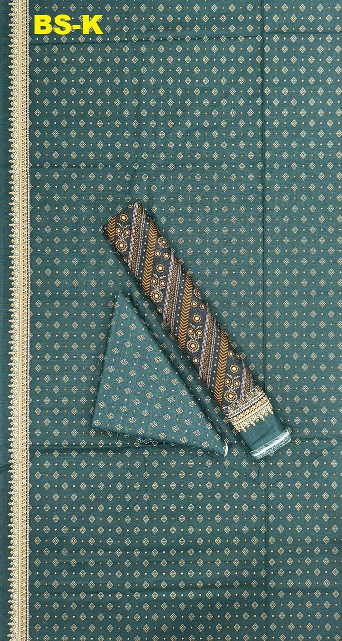 Slate blue printed unstitched Khaddar 3-piece suit with patterned dupatta