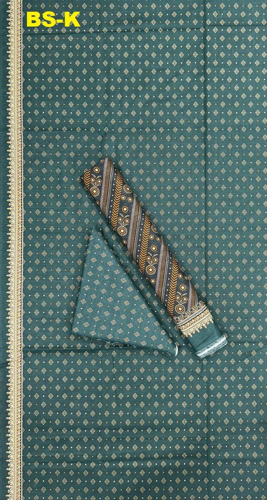 Slate blue printed unstitched Khaddar 3-piece suit with patterned dupatta