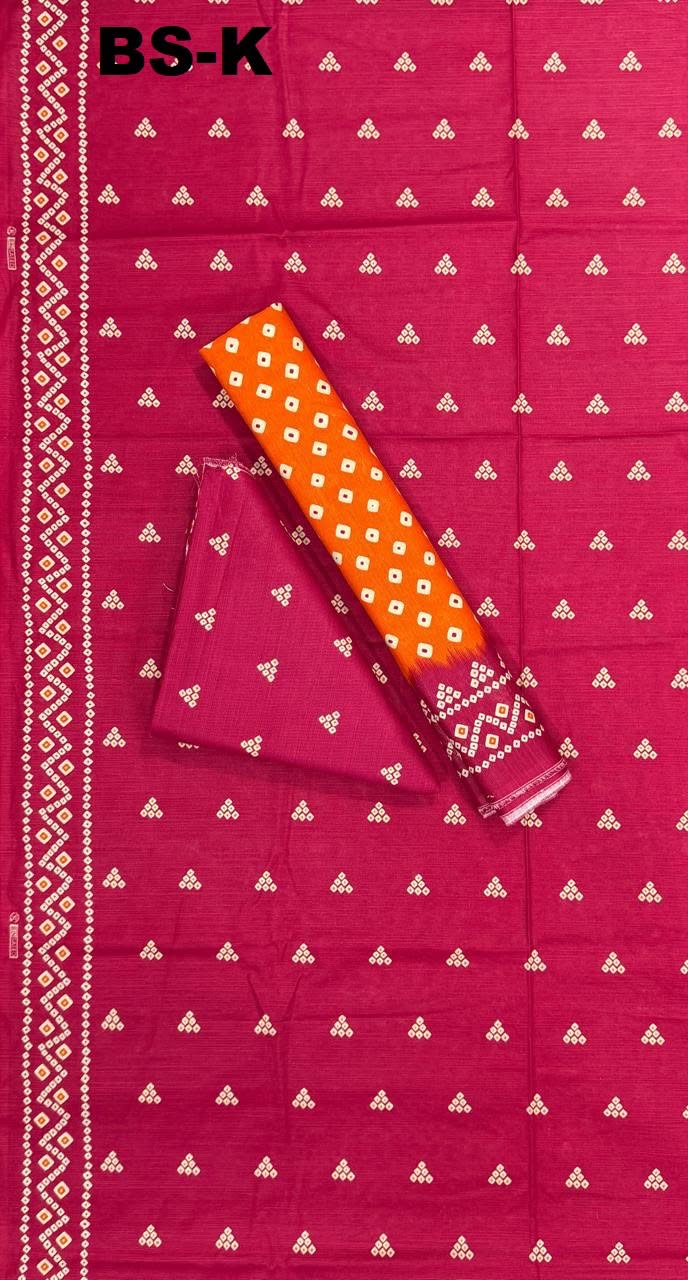 Magenta printed unstitched Khaddar 3-piece suit with orange patterned fabric