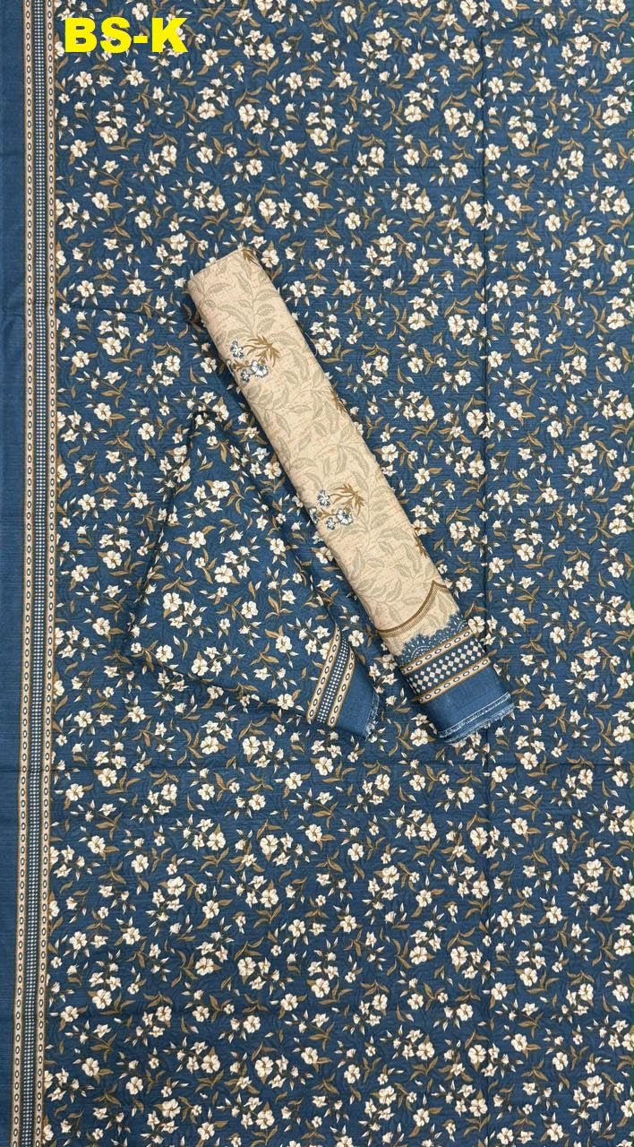 Blue floral printed unstitched Khaddar 3-piece suit with beige fabric