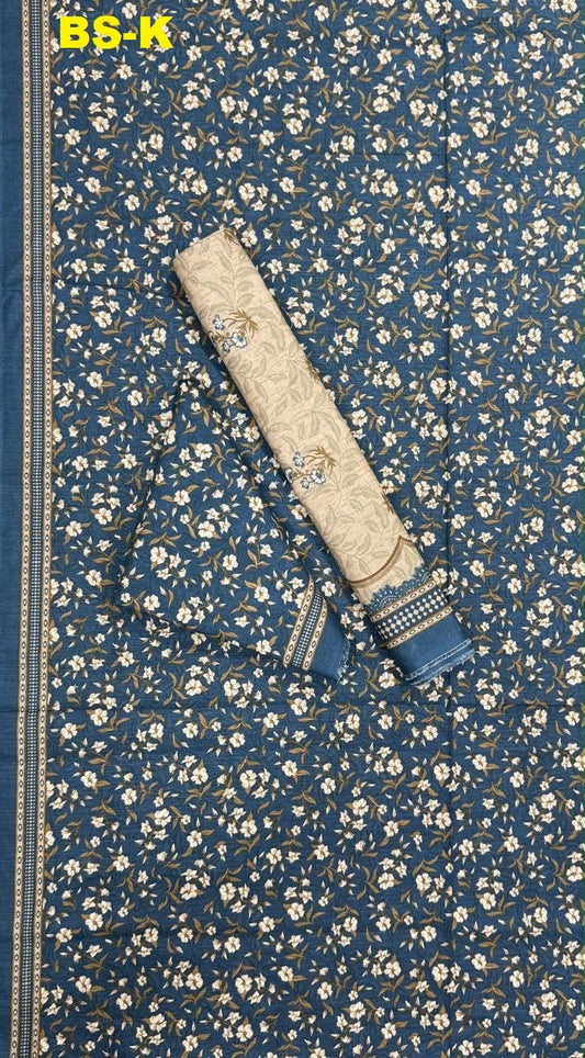 Blue floral printed unstitched Khaddar 3-piece suit with beige fabric