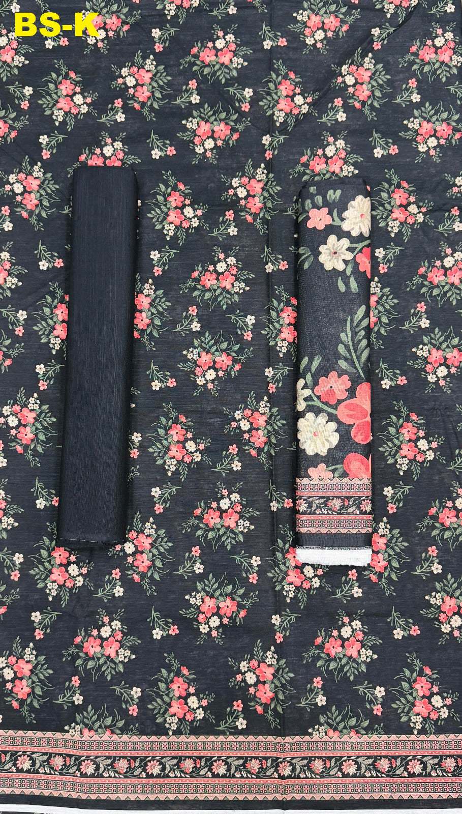Charcoal navy floral printed unstitched Khaddar 3-piece suit with dark plain trouser fabric and floral dupatta