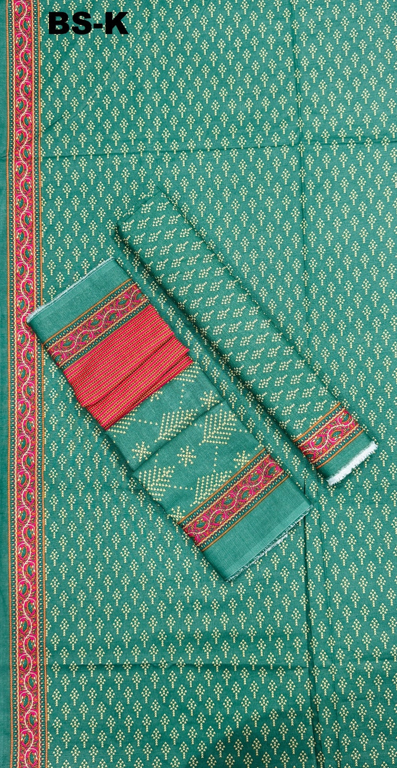 Teal green printed unstitched Khaddar 3-piece suit with magenta contrast border