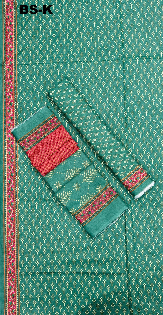 Teal green printed unstitched Khaddar 3-piece suit with magenta contrast border