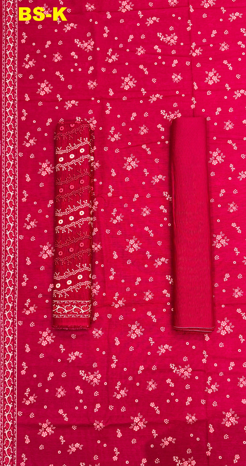 Bright fuchsia red floral printed unstitched Khaddar 3-piece suit with plain trouser fabric