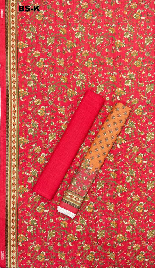 BIN SAEED Unstitched 3Pc Printed Khaddar - Coral Red Floral