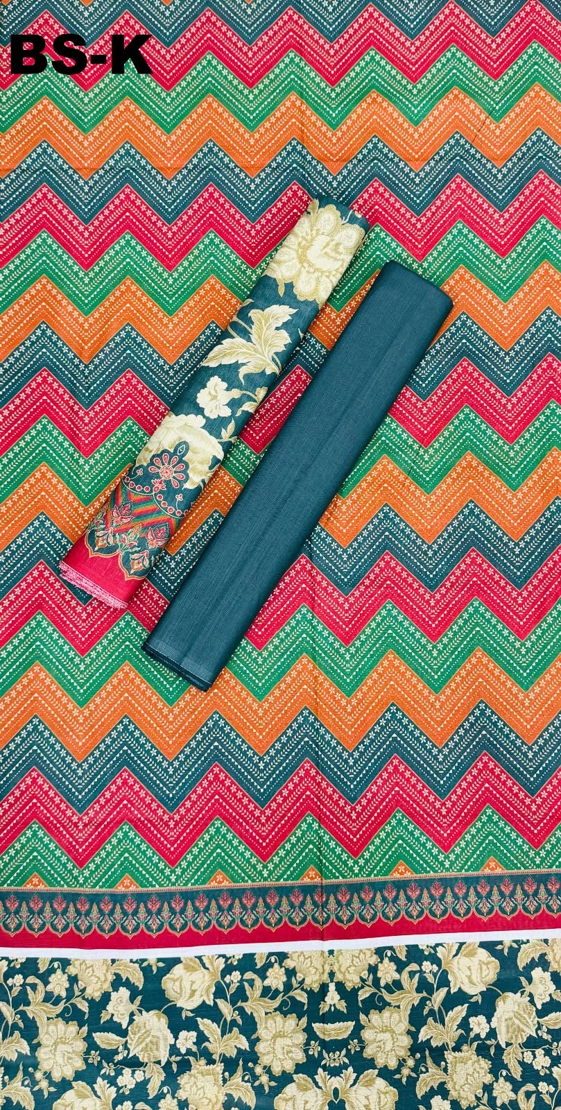 BIN SAEED Unstitched 3Pc Printed Khaddar - Multicolor Chevron Teal Green Orange