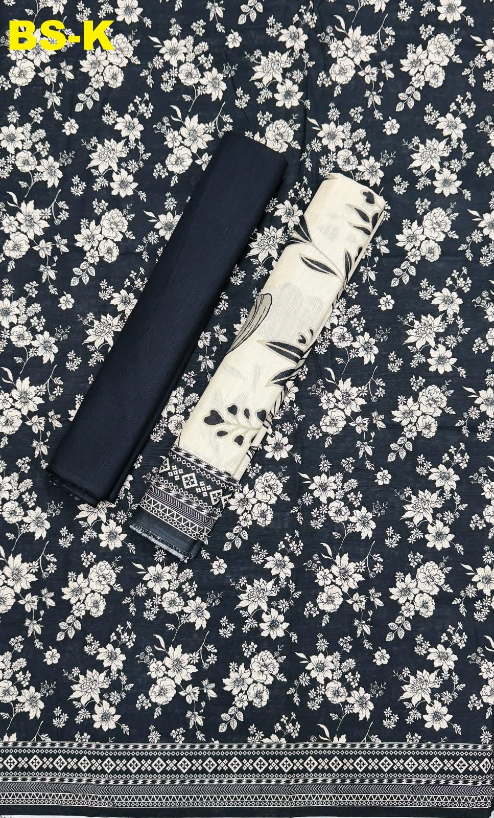 BIN SAEED Unstitched 3Pc Printed Khaddar - Black Ivory Floral